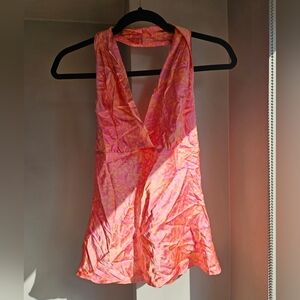 Express Vintage Silk Pink and Orange Floral Halter Top - Size S